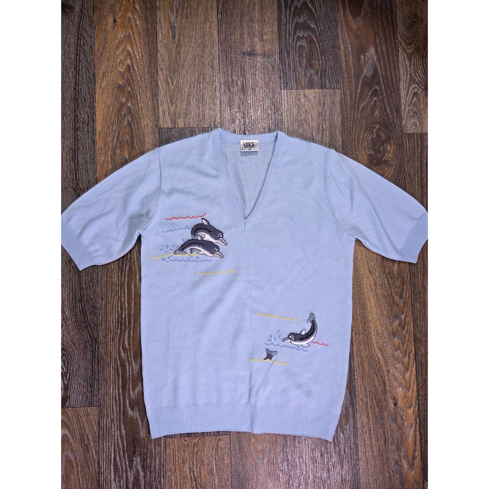 Vintage Ades of California Womens S Blue Short Sleeve Dolphin Embroidered V-Neck